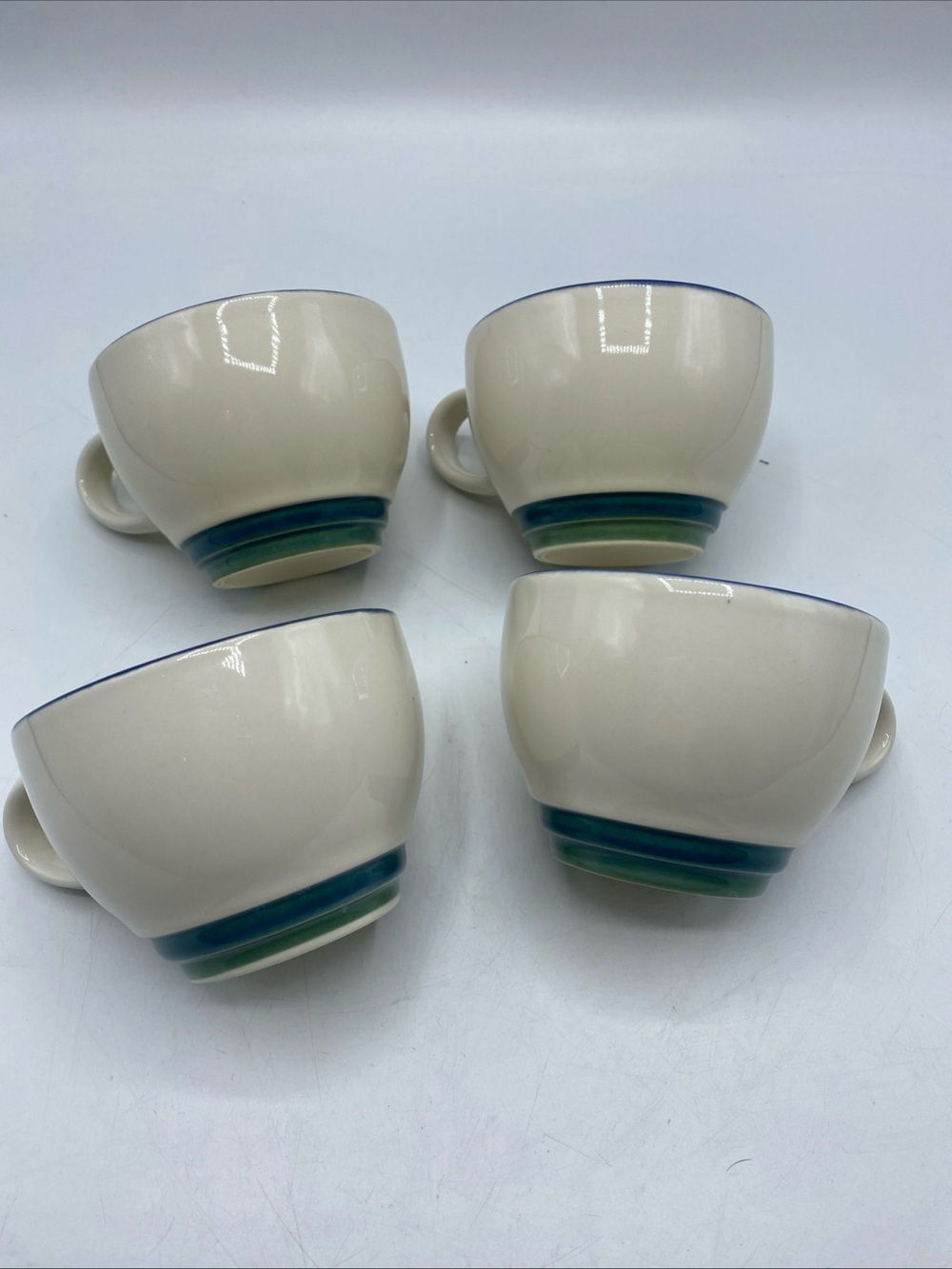 Pfaltzgraff Ocean Breeze Set Of 4  Mugs Cups Tea Coffee Blue Green Stripe Rim
